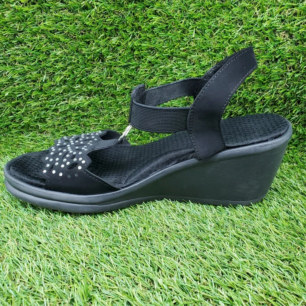 Skechers Rumblers Queen B SIZE 9.5 Women's Memory Foam Wedge Sandals Black